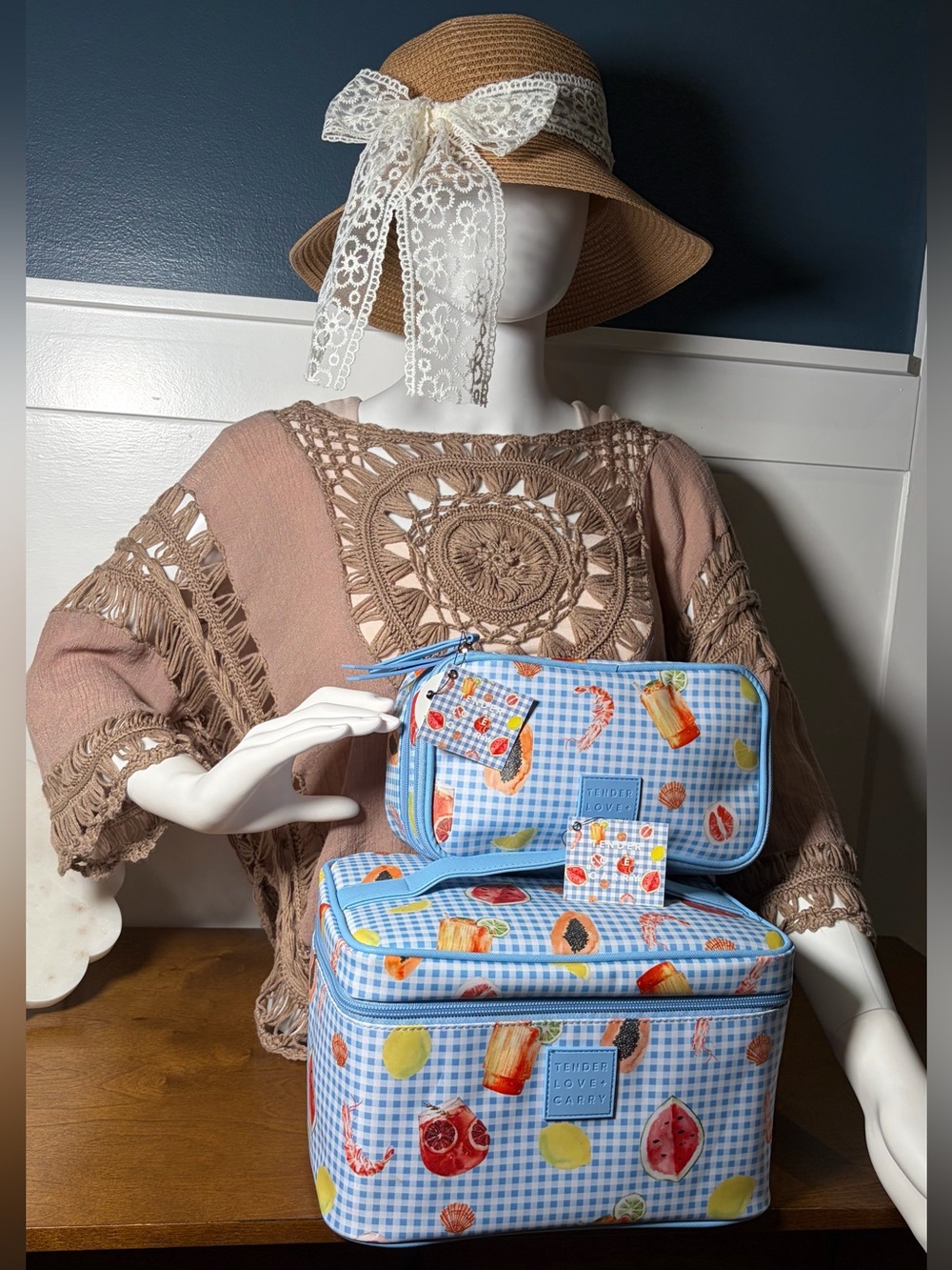 SET of Tender Love + Carry Blue Gingham Cosmetic Travel Pouch - Picture 3 of 14